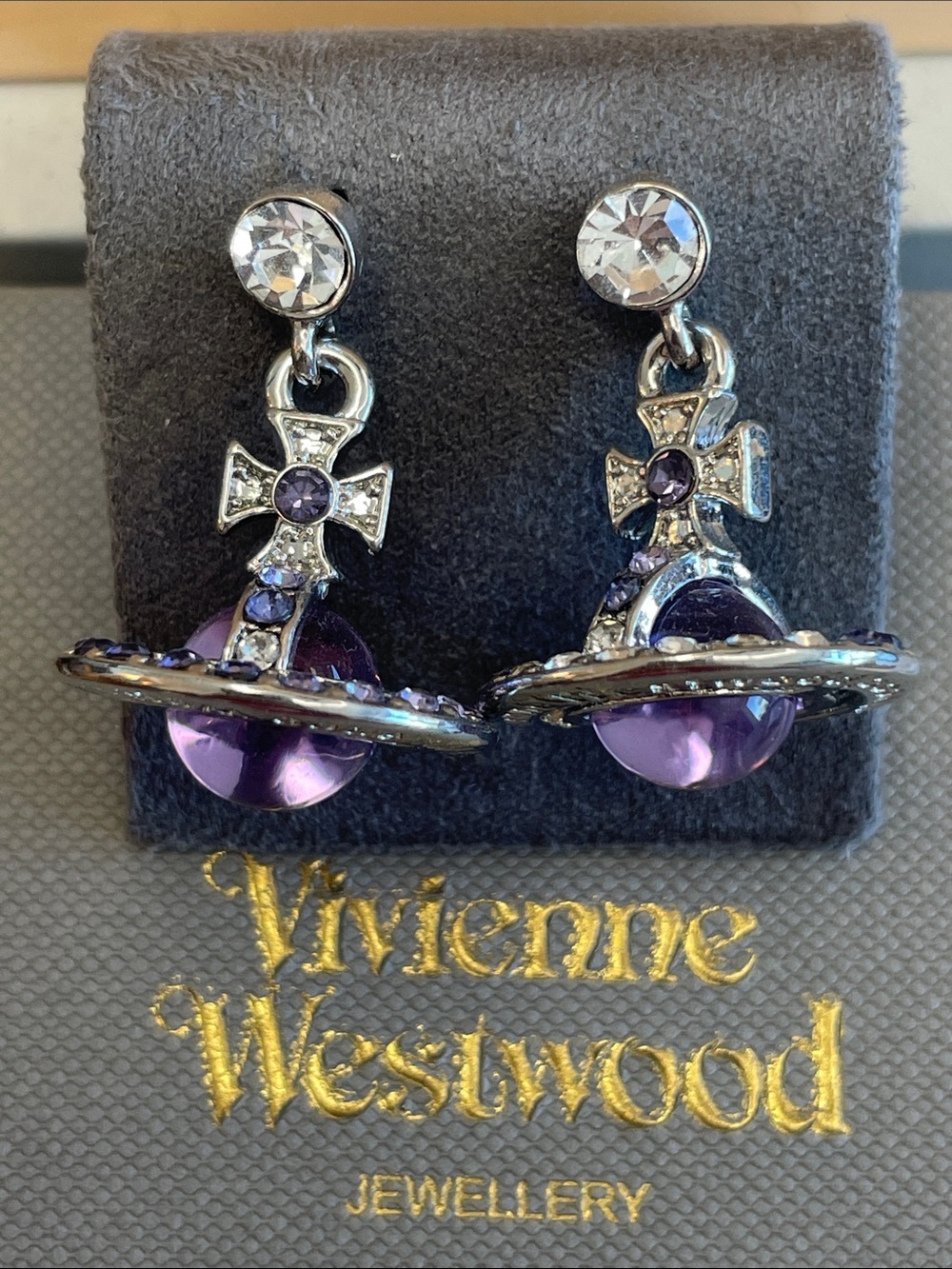 Vivienne Westwood Silver-Tone Earrings with Purple Orb and Crystal Cross